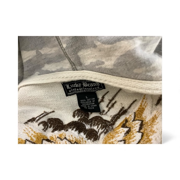 Lucky Brand Vintage Inspired Light Gray Camo Zip Up Embroidered Large Hoodie - Picture 7 of 16